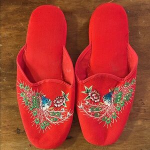 Vintage Red Embroidered Peacock Slippers | Chinese Style House Shoes | Size 6